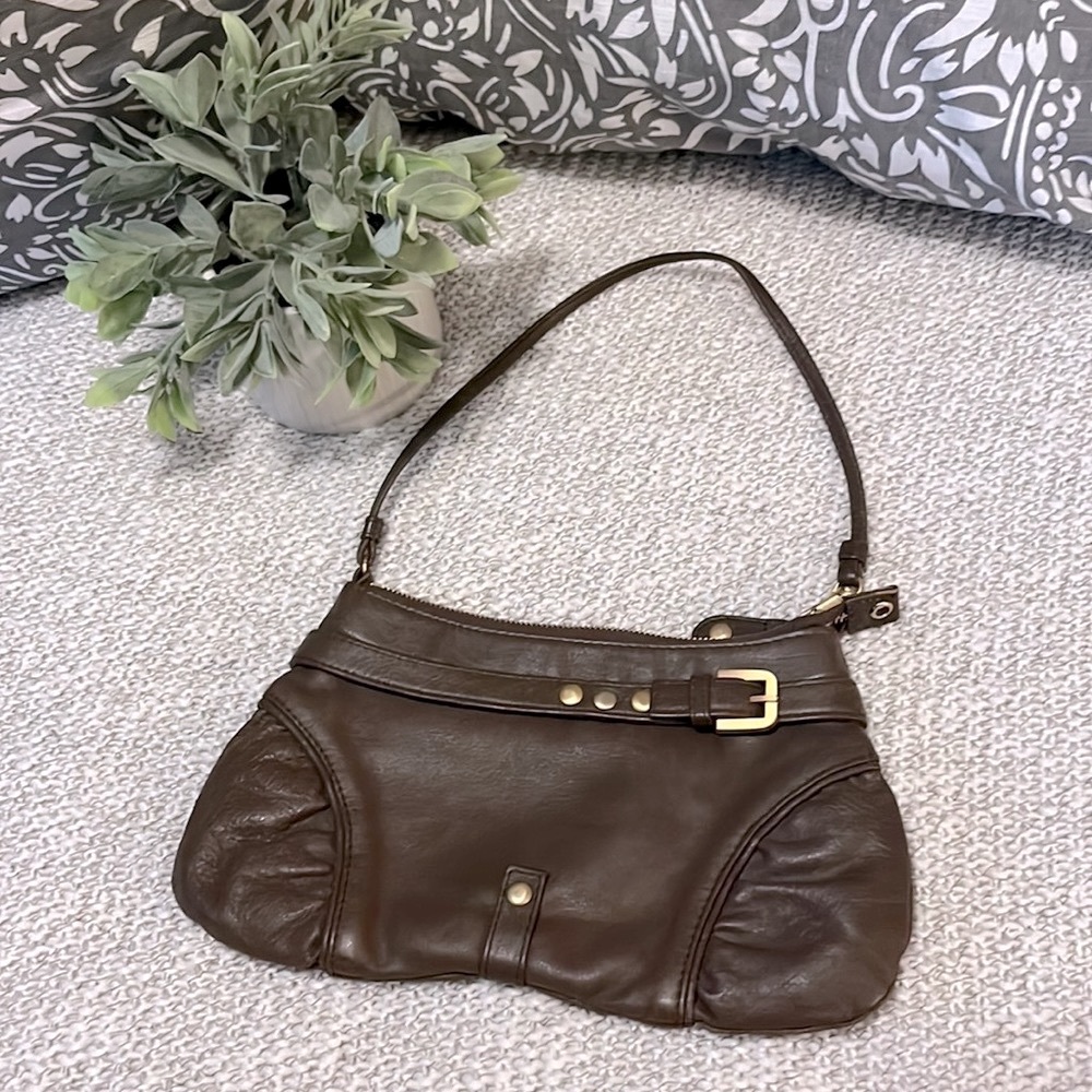 Aaneta Brown Neutral Leather Gold-tone Shoulder Wristlet Clutch Bag Purse